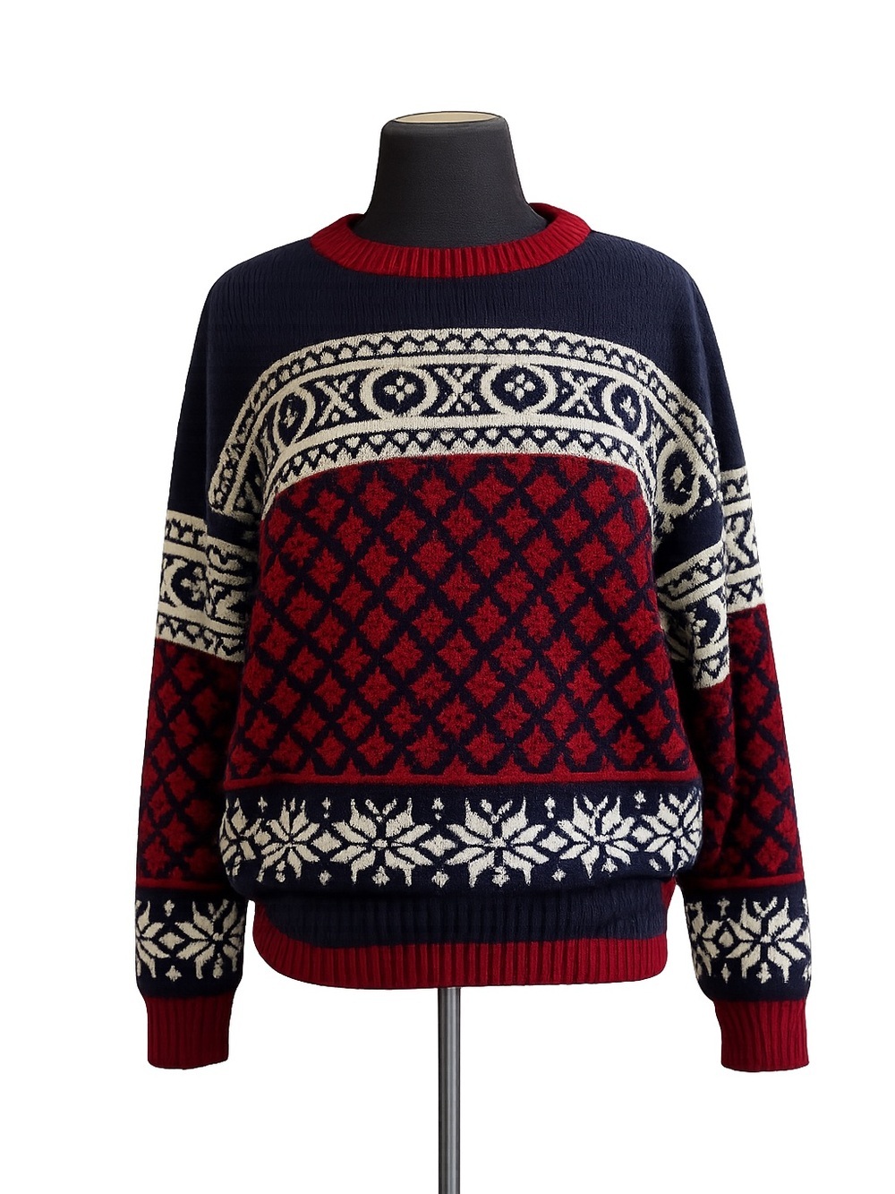 Vintage Fair Isle Nordic Ski Lodge Sweater Women’s Large Red Navy Cozy Winter Kn